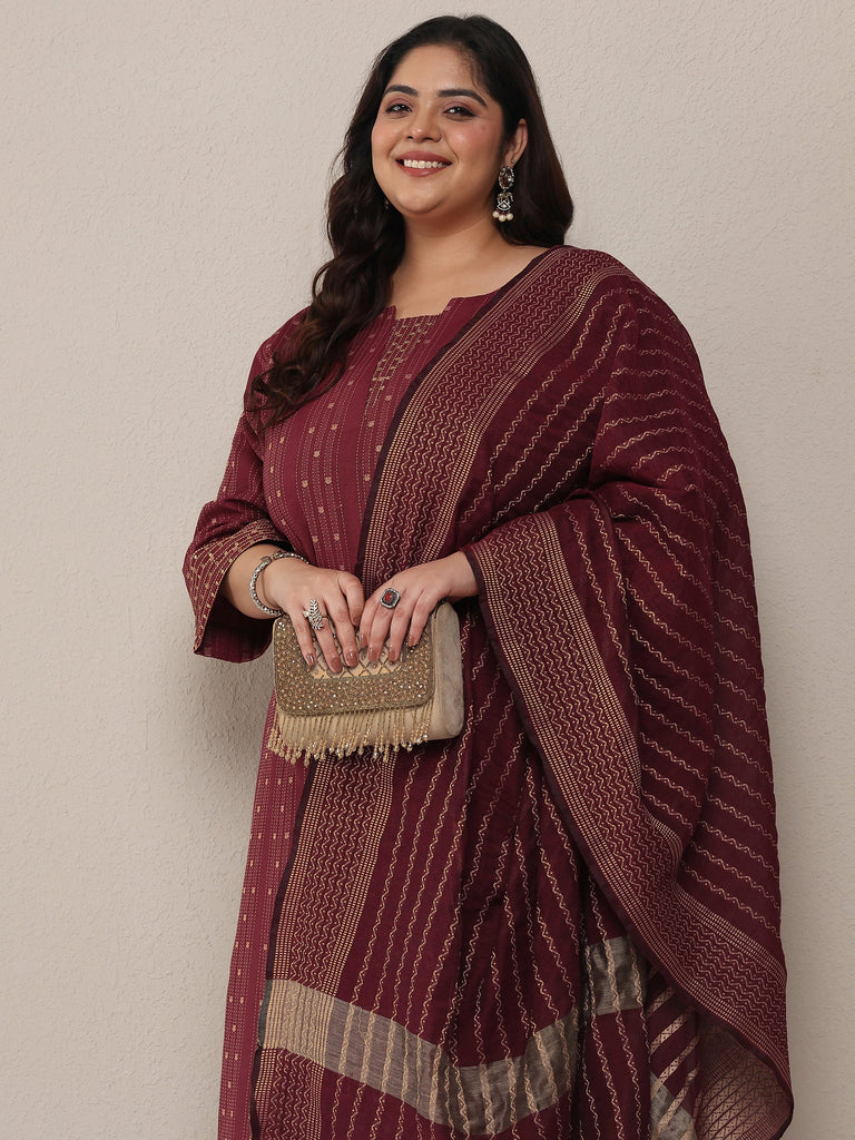 Plus Size Rust Woven Design Cotton Blend Straight Suit Set With Dupatta