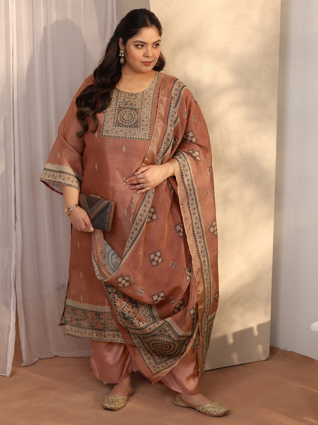  Plus Size Rust Woven Design Silk blend Straight Suit Set With Dupatta 