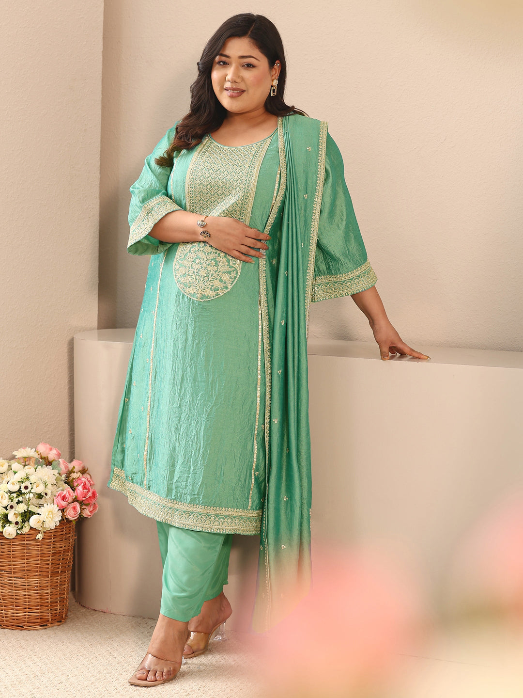 Plus Size Sea Green Embroidered Silk Blend Straight Suit Set With Dupatta