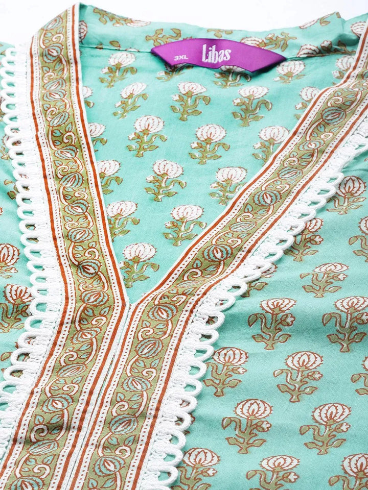 Plus Size Sea Green Printed Cotton Kurta - Libas