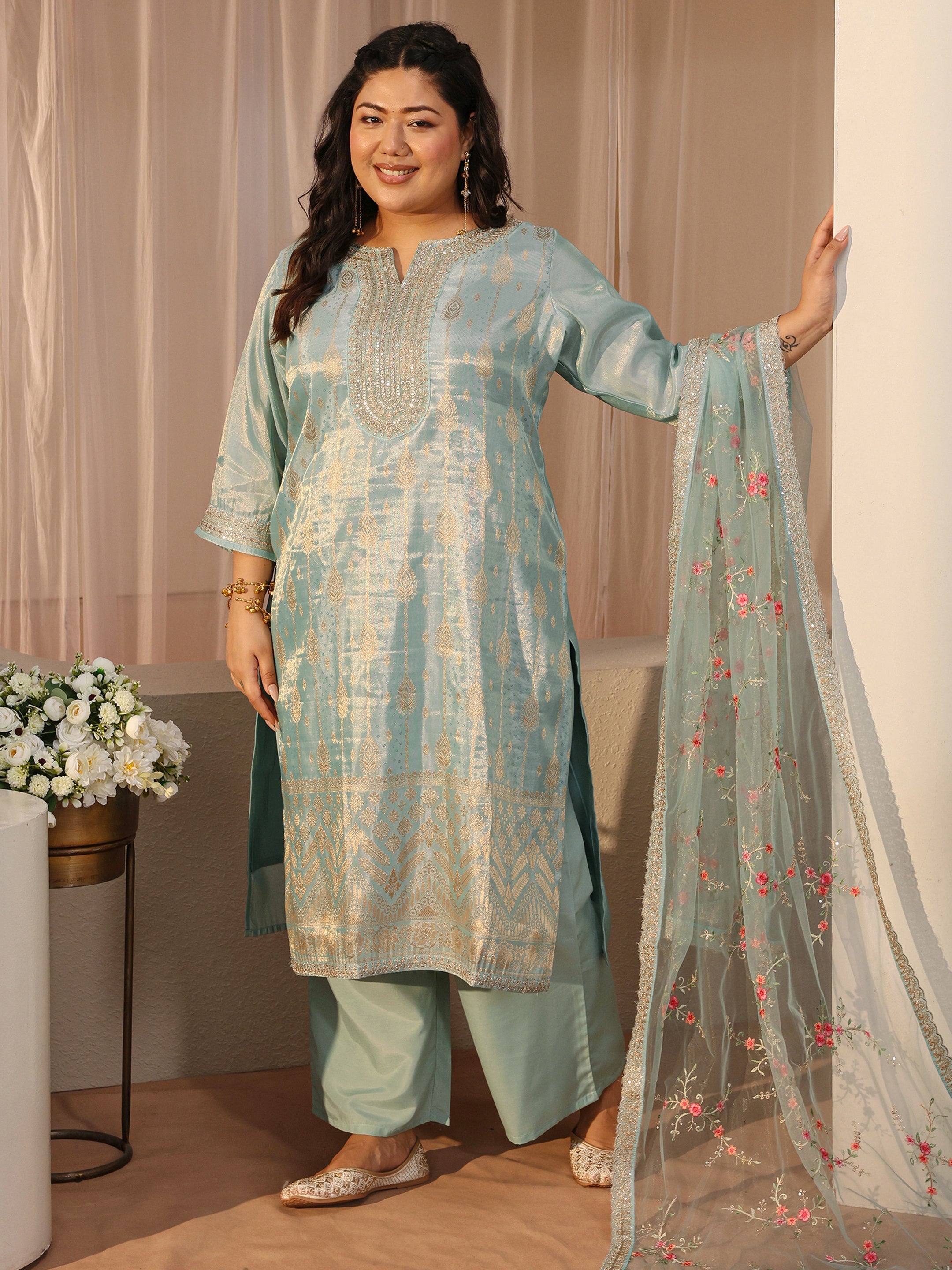 libas Plus Size Sea Green Woven Design Silk Blend Straight Suit Set-picture-22