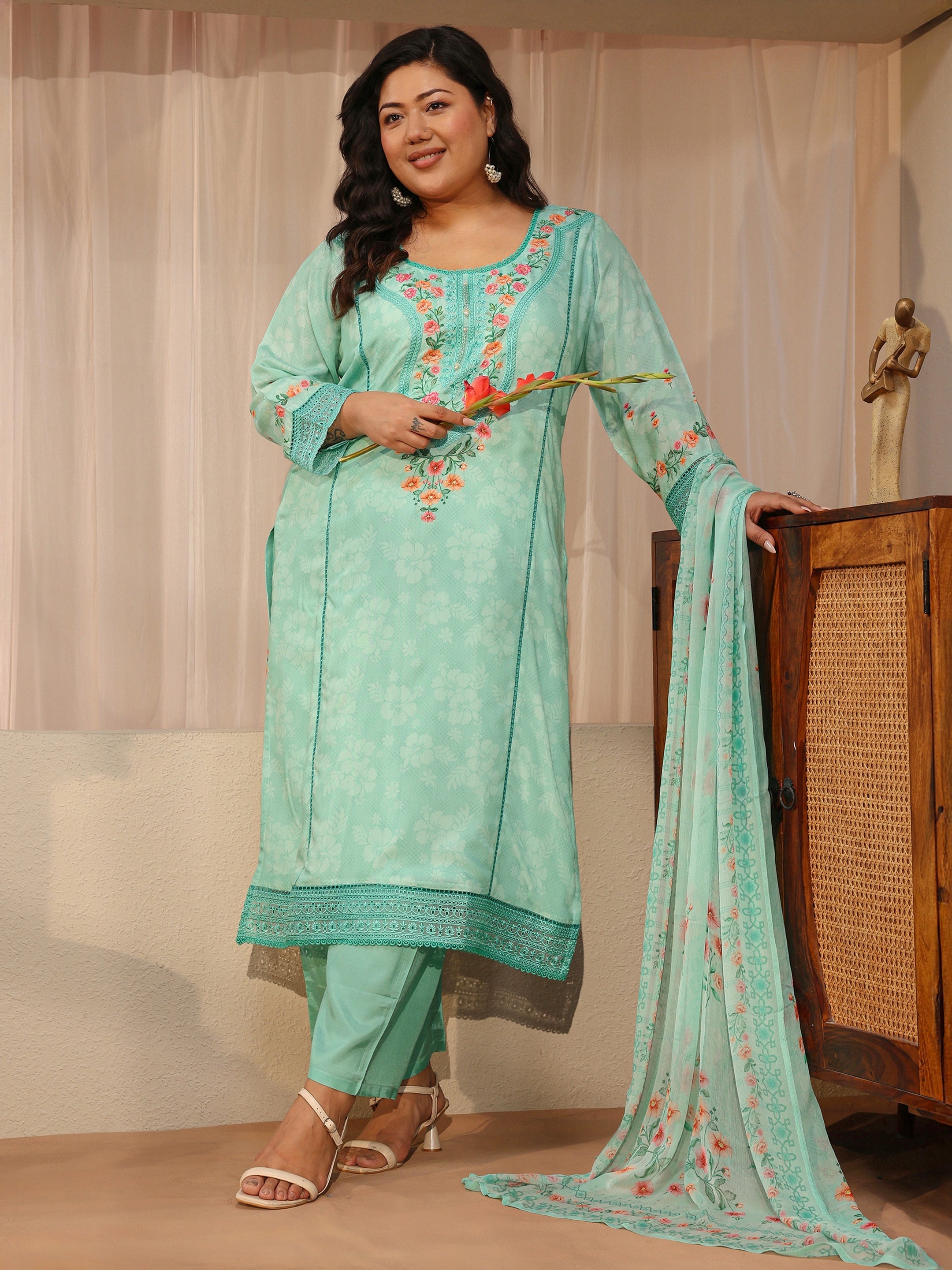 libas Plus Size Sky Blue Floral Print Silk Blend Straight Suit Set-picture-26