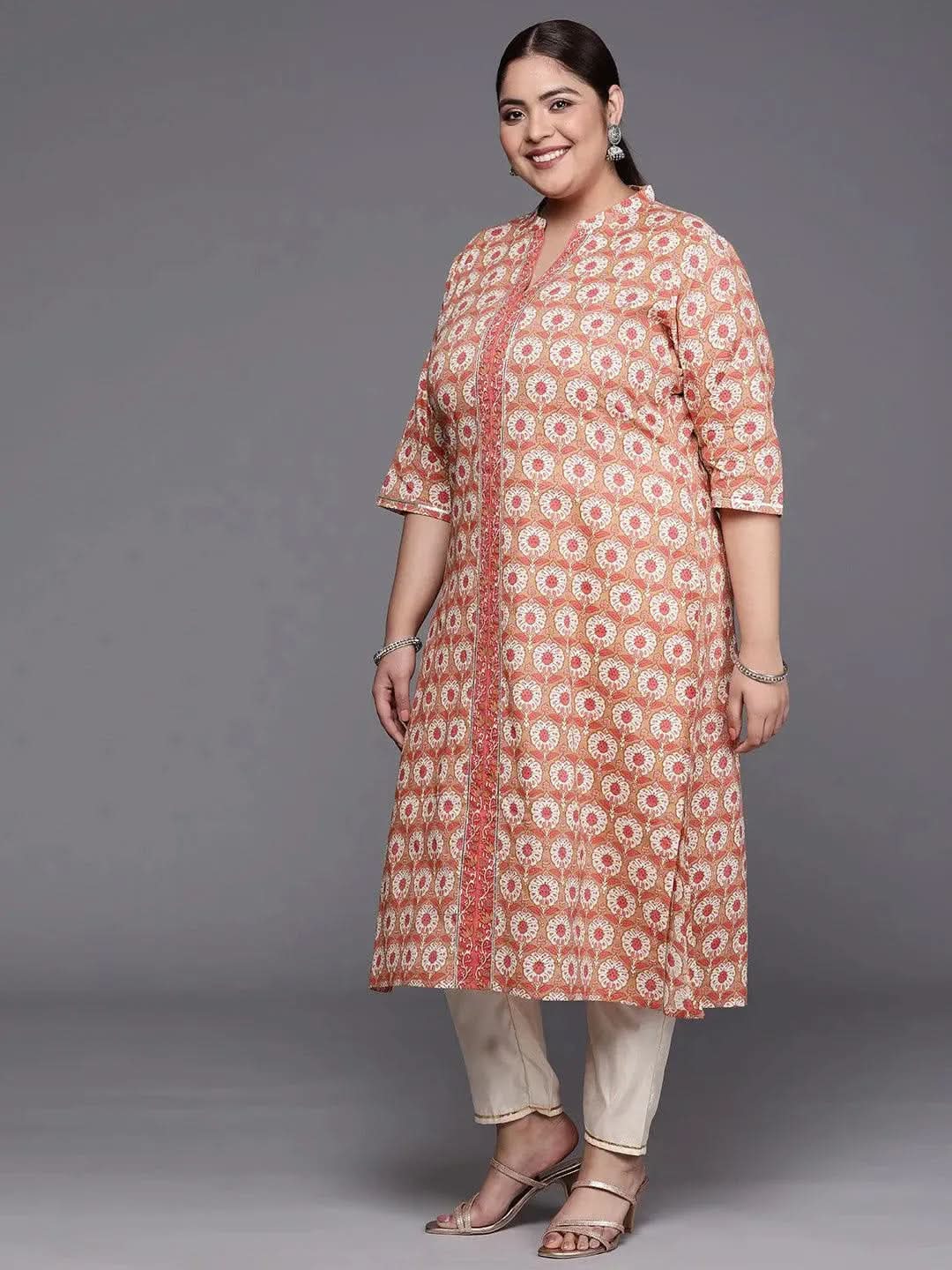 Plus Size Tan Printed Cotton Straight Kurta - Libas 