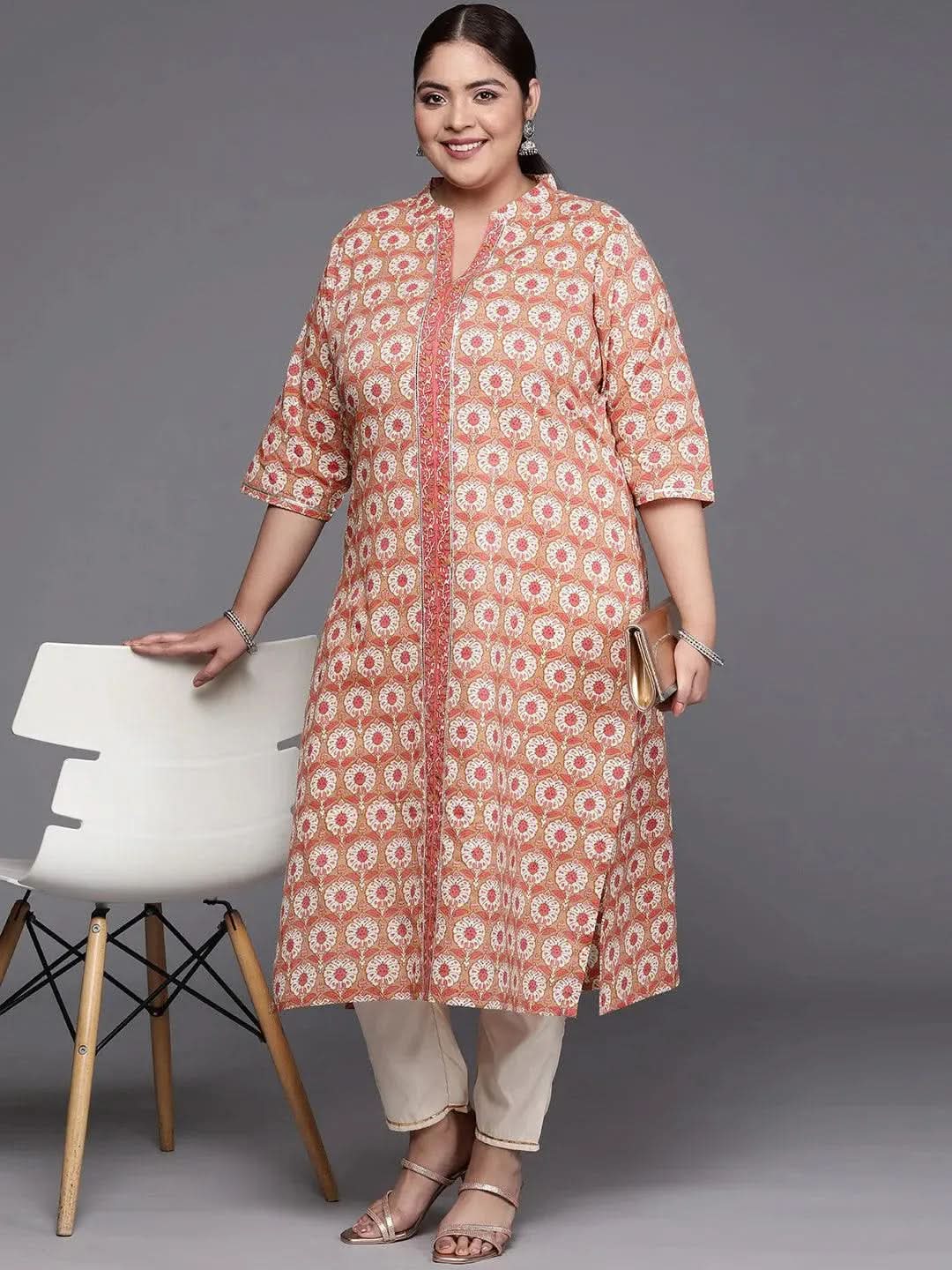Plus Size Tan Printed Cotton Straight Kurta - Libas 