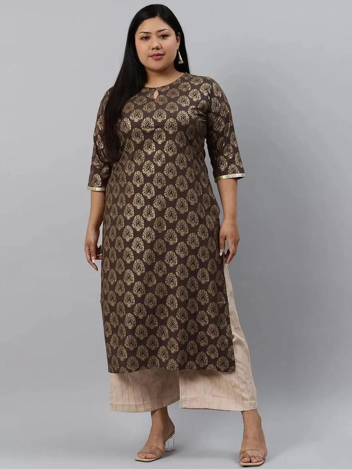 Plus Size Taupe Printed Cotton Kurta - Libas