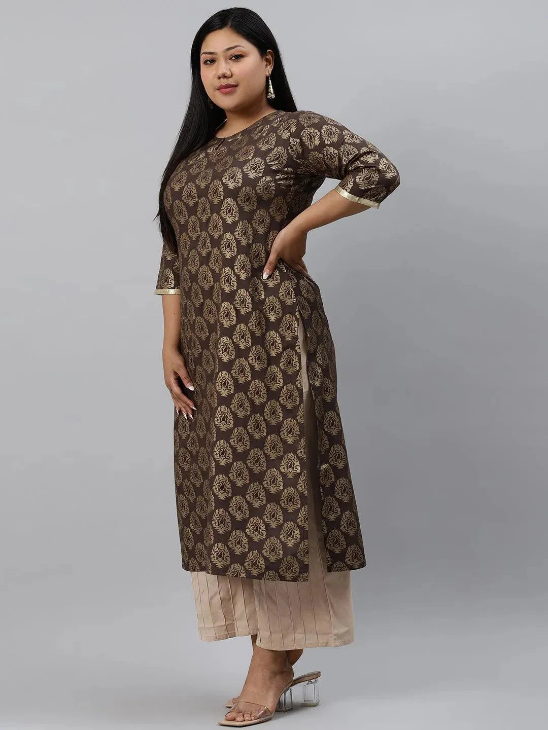 Plus Size Taupe Printed Cotton Kurta - Libas