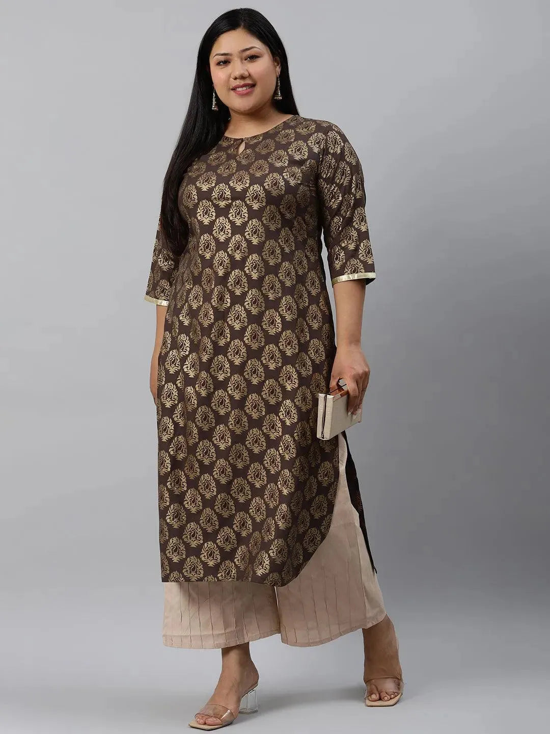 Plus Size Taupe Printed Cotton Kurta - Libas