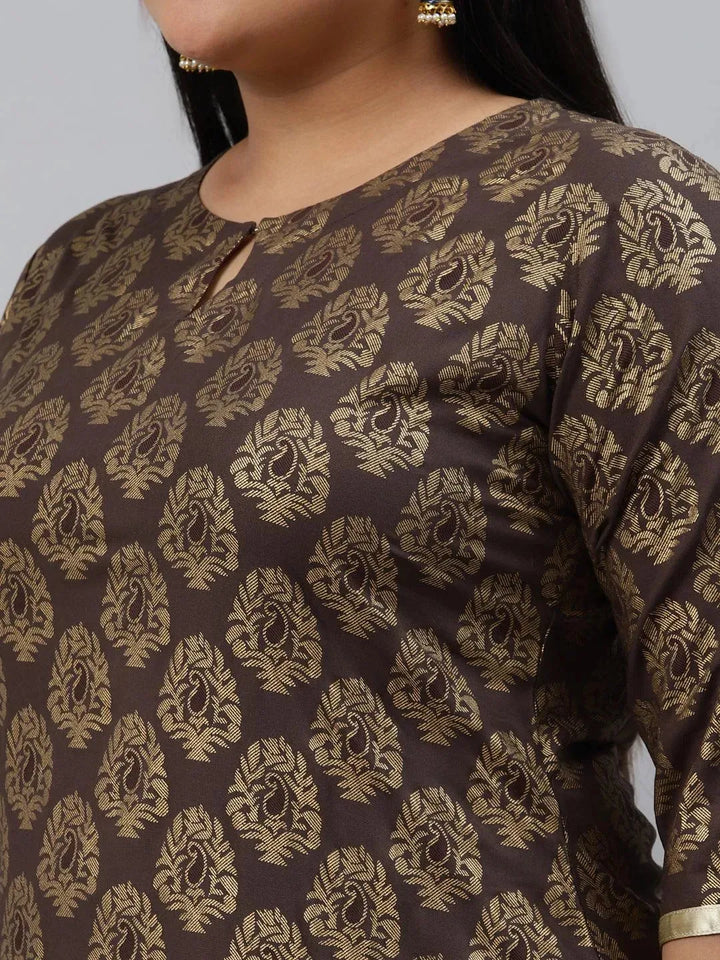 Plus Size Taupe Printed Cotton Kurta - Libas