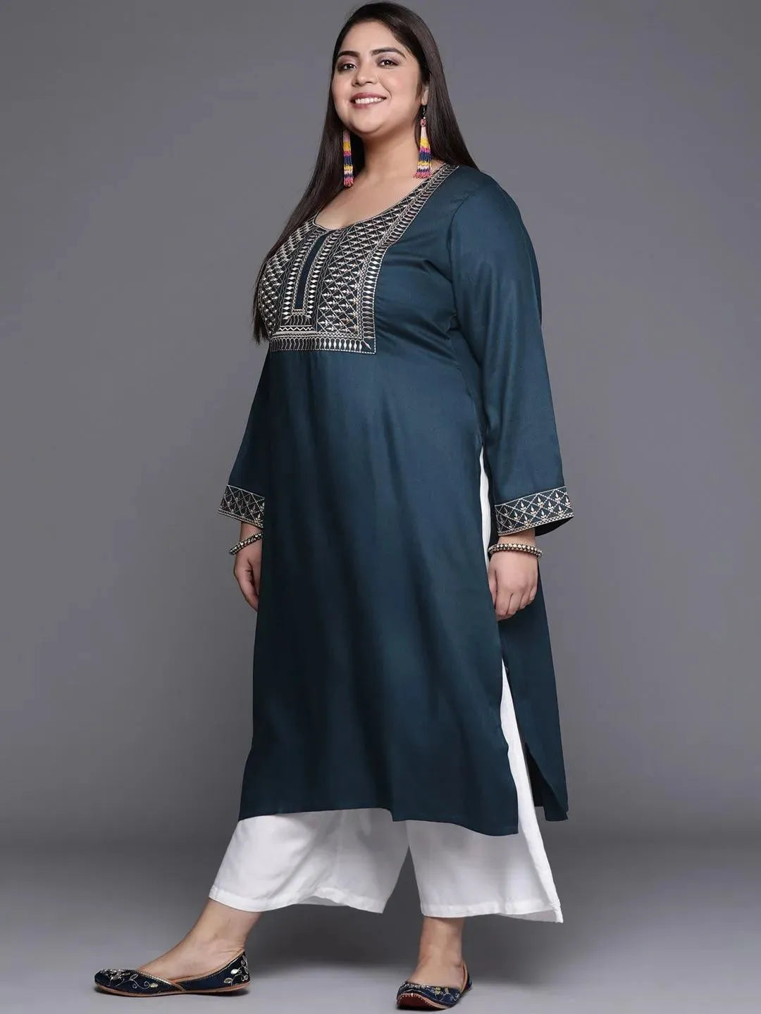 Plus Size Teal Blue Solid Wool Kurta - Libas