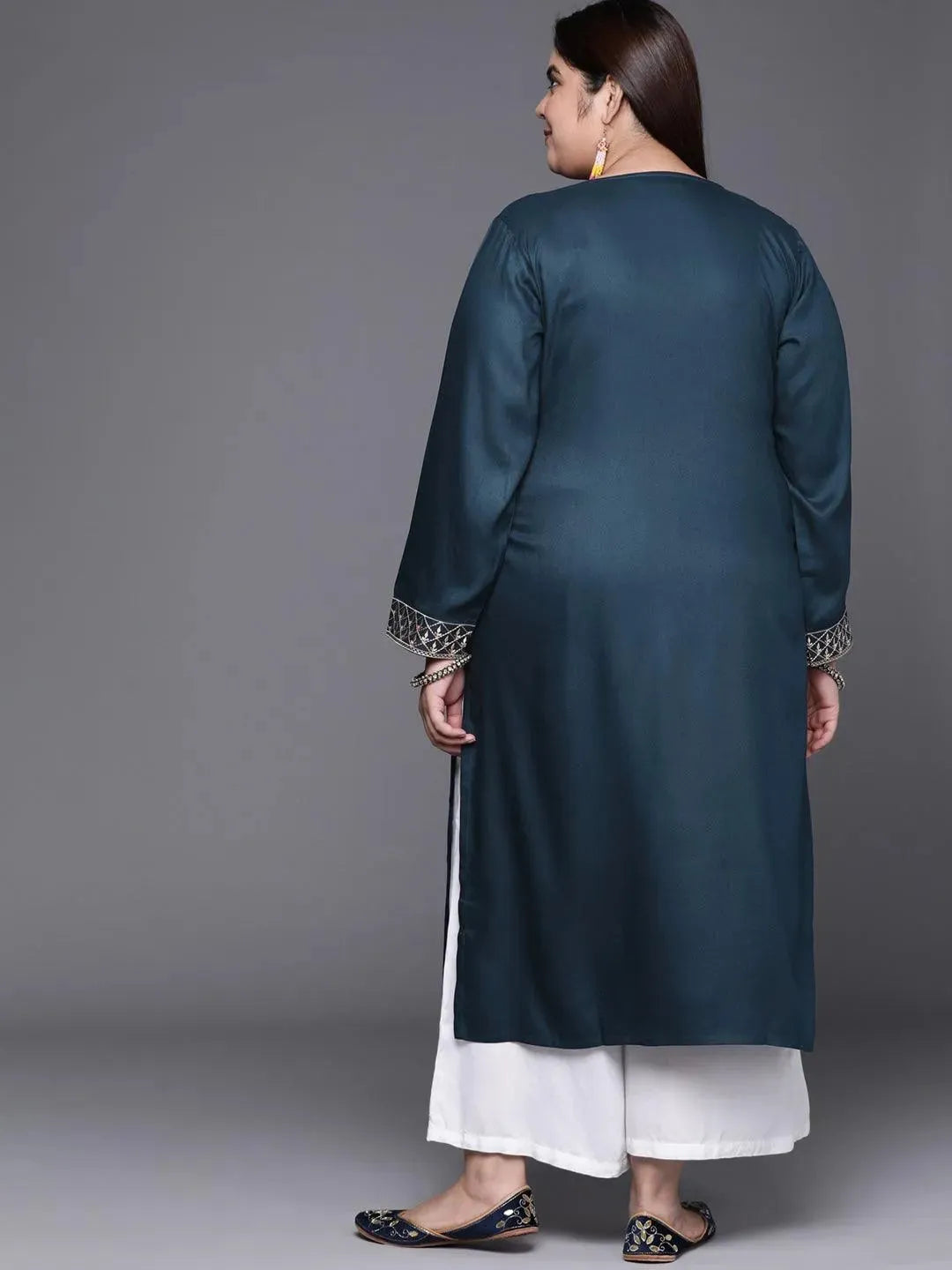 Plus Size Teal Blue Solid Wool Kurta - Libas