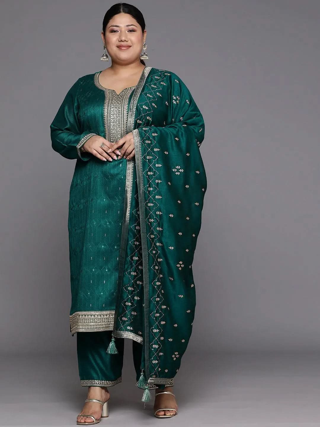 libas Plus Size Teal Embroidered Silk Blend Straight Kurta With Trousers & Dupatta-picture-68