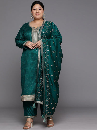 Plus Size Teal Embroidered Silk Blend Straight Suit Set - Libas