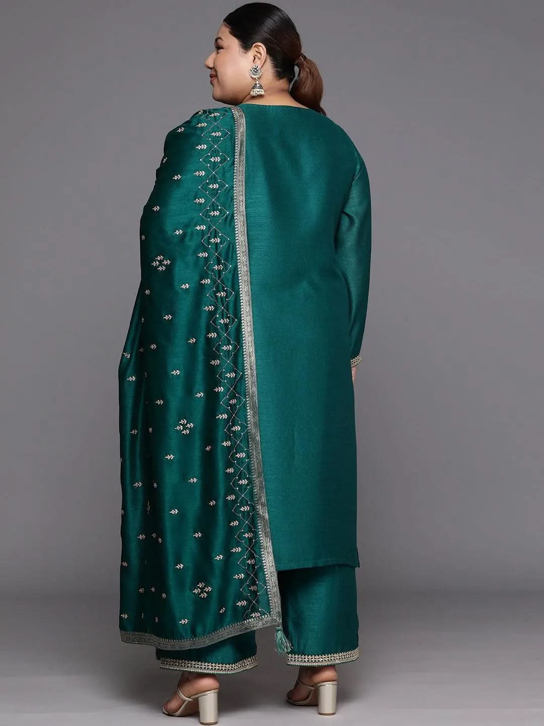 Plus Size Teal Embroidered Silk Blend Straight Suit Set - Libas 