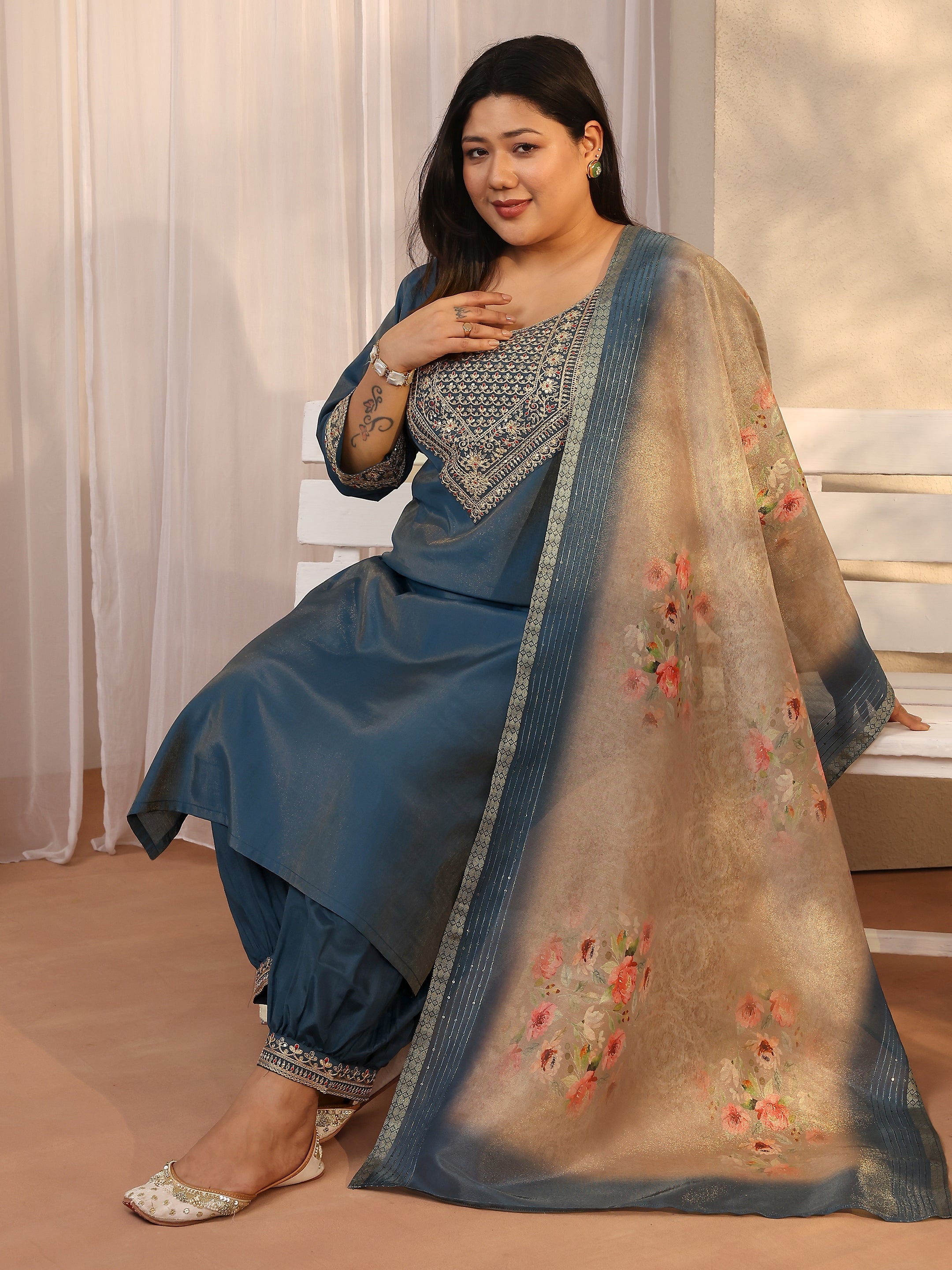 libas Plus Size Teal Embroidered Silk blend Straight Suit Set With Dupatta-picture-37