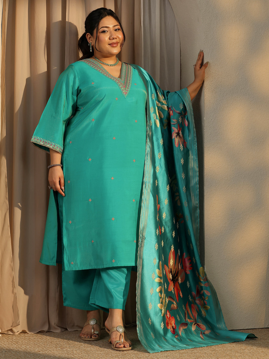 Plus Size Teal Embroidered Silk Blend Straight Suit Set With Dupatta