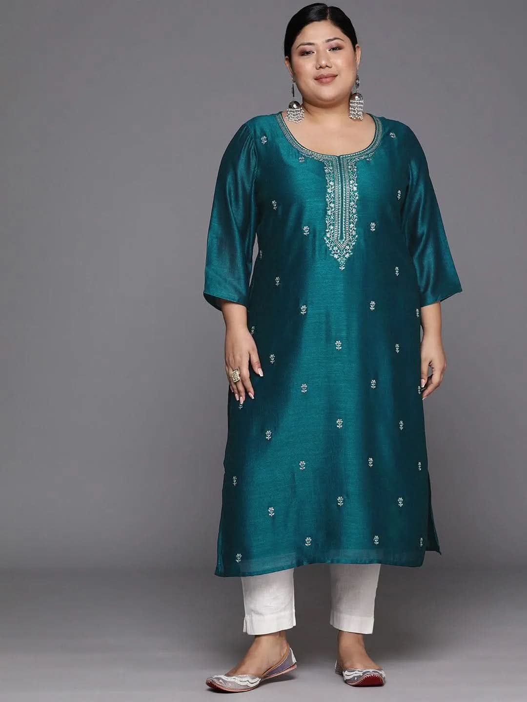 Plus Size Teal Embroidered Silk Straight Kurta - Libas 