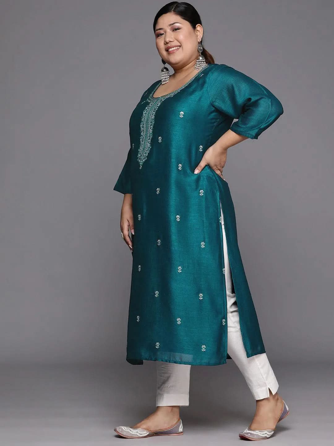 Plus Size Teal Embroidered Silk Straight Kurta - Libas 