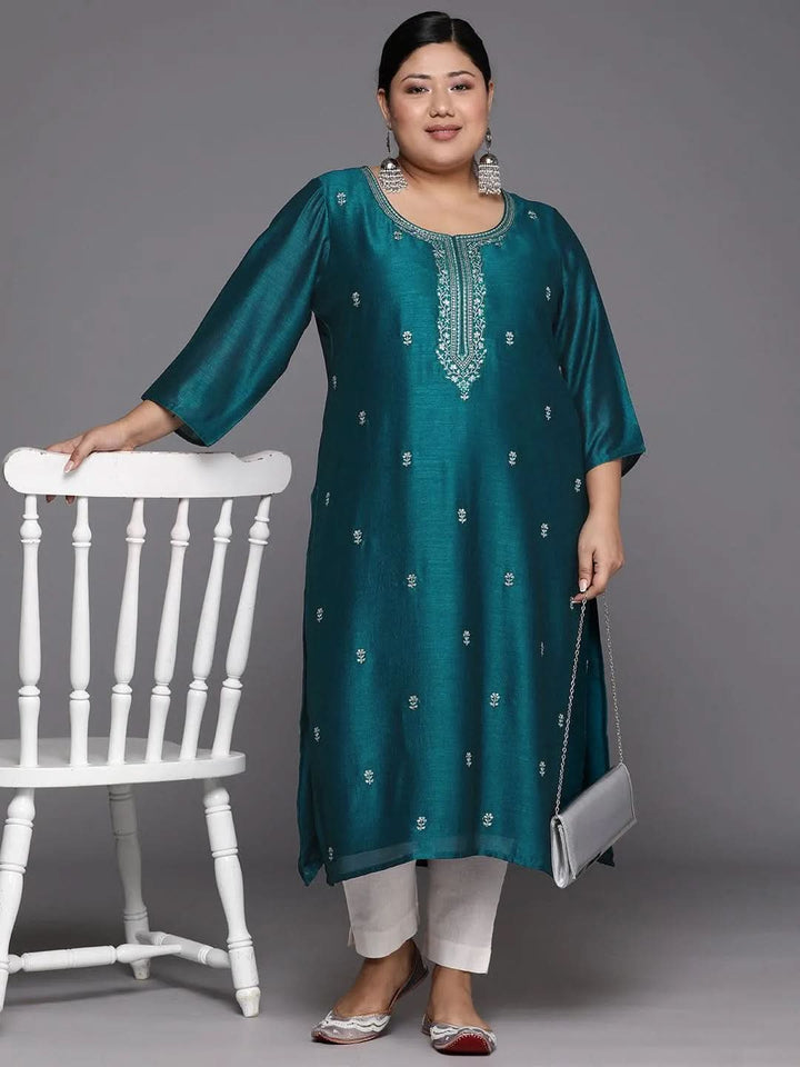 Plus Size Teal Embroidered Silk Straight Kurta - Libas