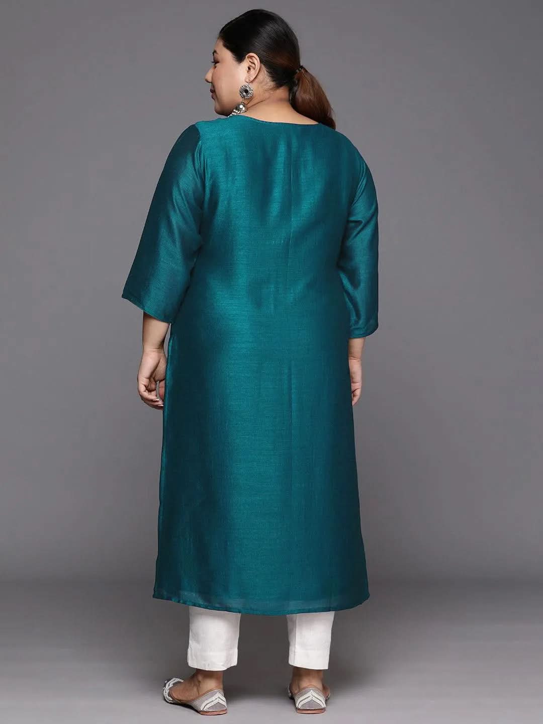 Plus Size Teal Embroidered Silk Straight Kurta - Libas 