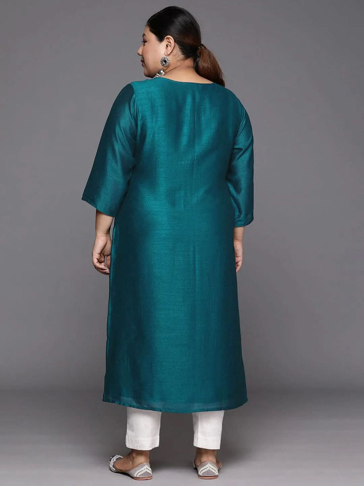 Plus Size Teal Embroidered Silk Straight Kurta - Libas