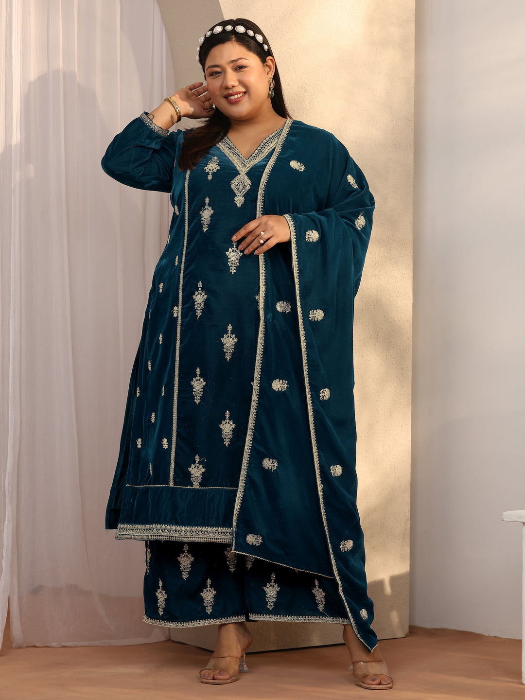  Plus Size Teal Embroidered Velvet Straight Suit Set With Dupatta 