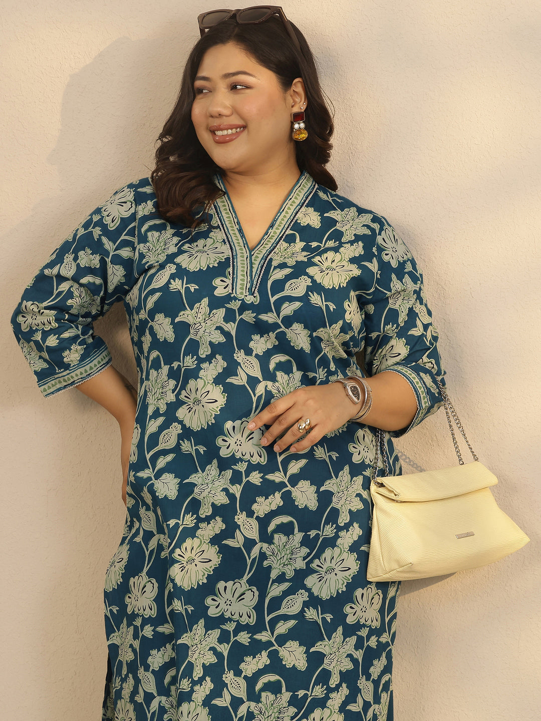 Plus Size Teal Printed Cotton Straight Kurta