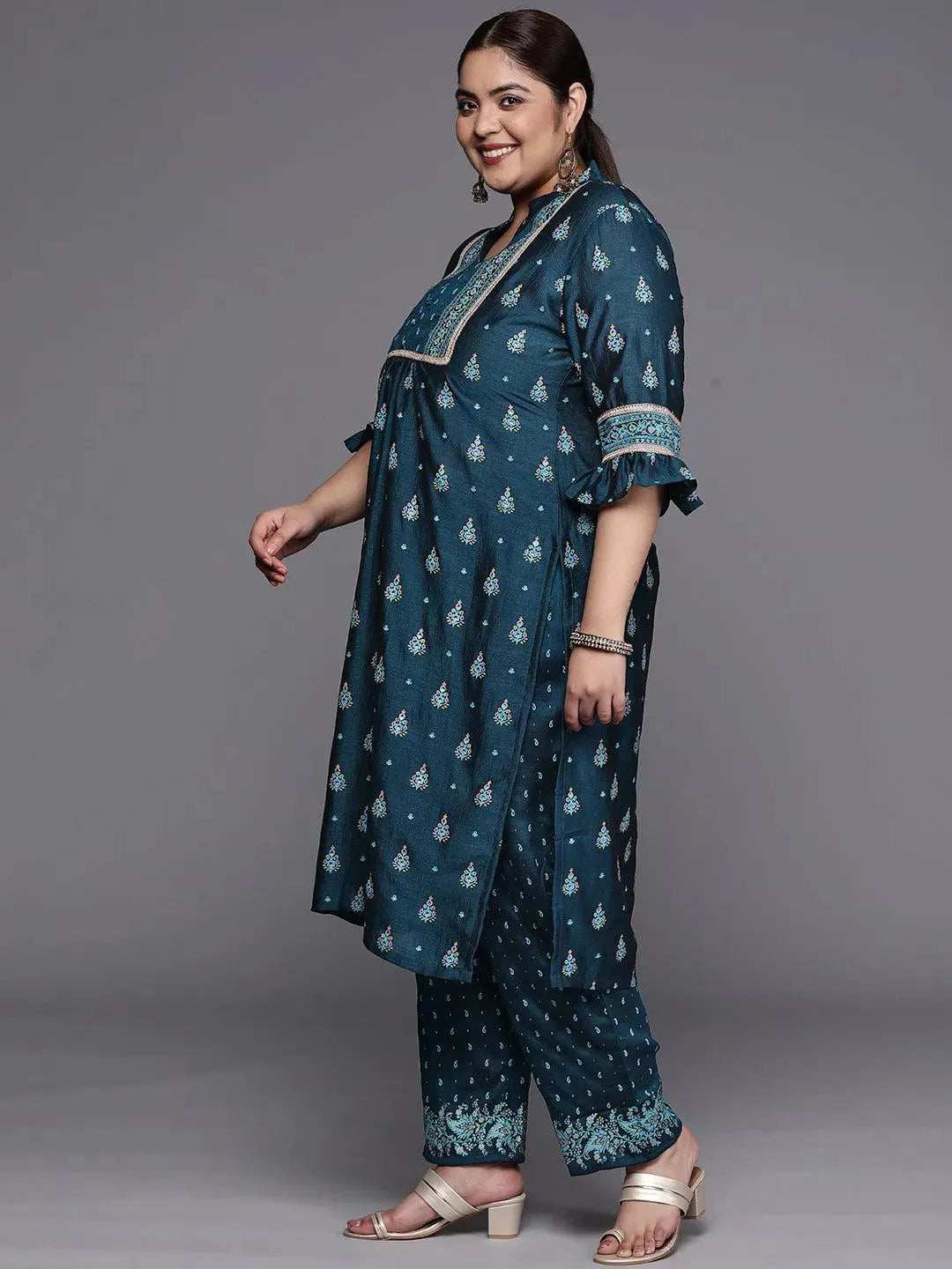 Plus Size Teal Printed Silk Blend Straight Suit Set - Libas 