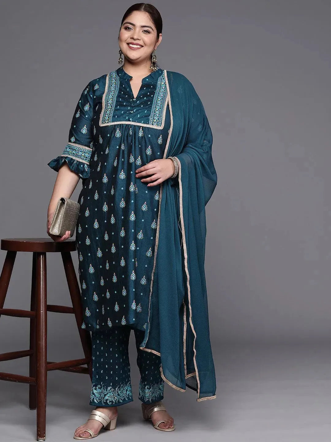 Plus Size Teal Printed Silk Blend Straight Suit Set - Libas 