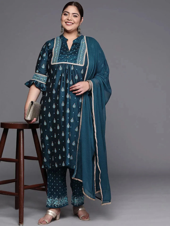 Plus Size Teal Printed Silk Blend Straight Suit Set - Libas