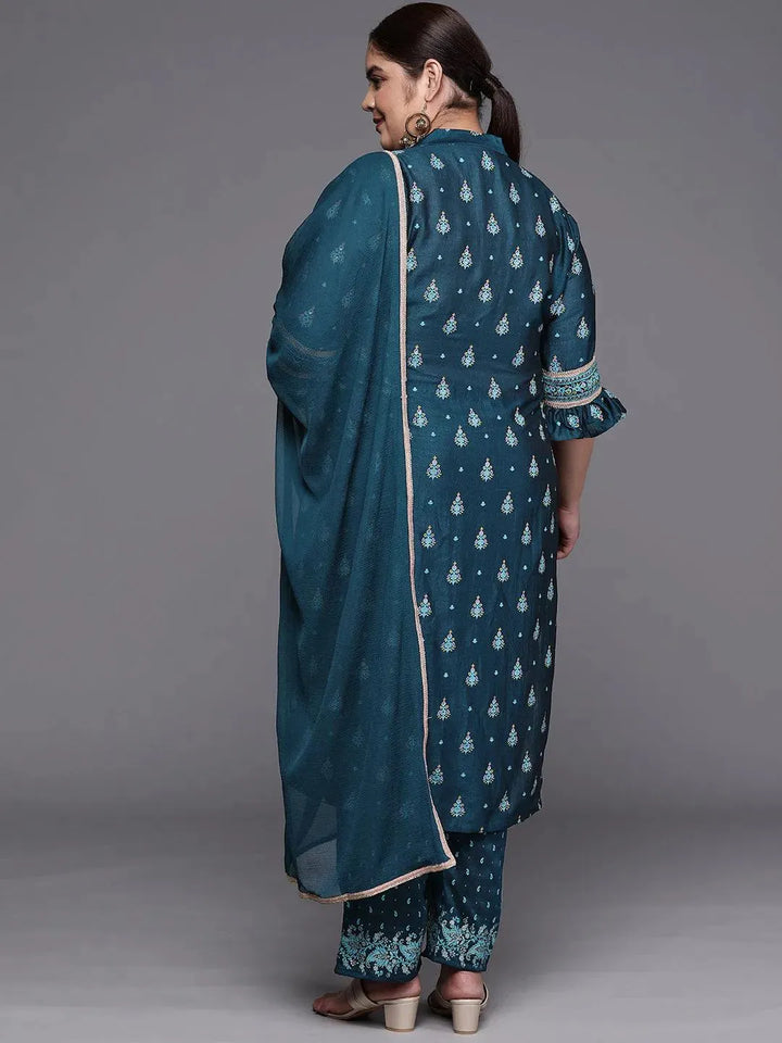 Plus Size Teal Printed Silk Blend Straight Suit Set - Libas