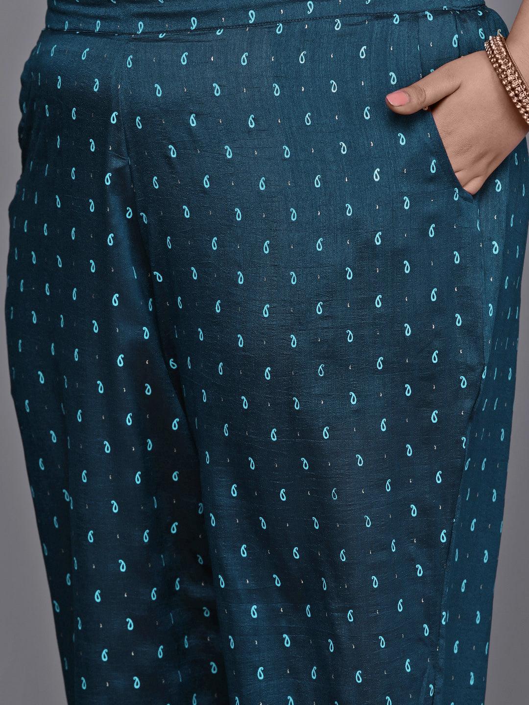 Plus Size Teal Printed Silk Blend Straight Suit Set - Libas