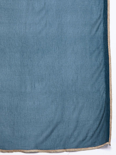 Plus Size Teal Printed Silk Blend Straight Suit Set - Libas