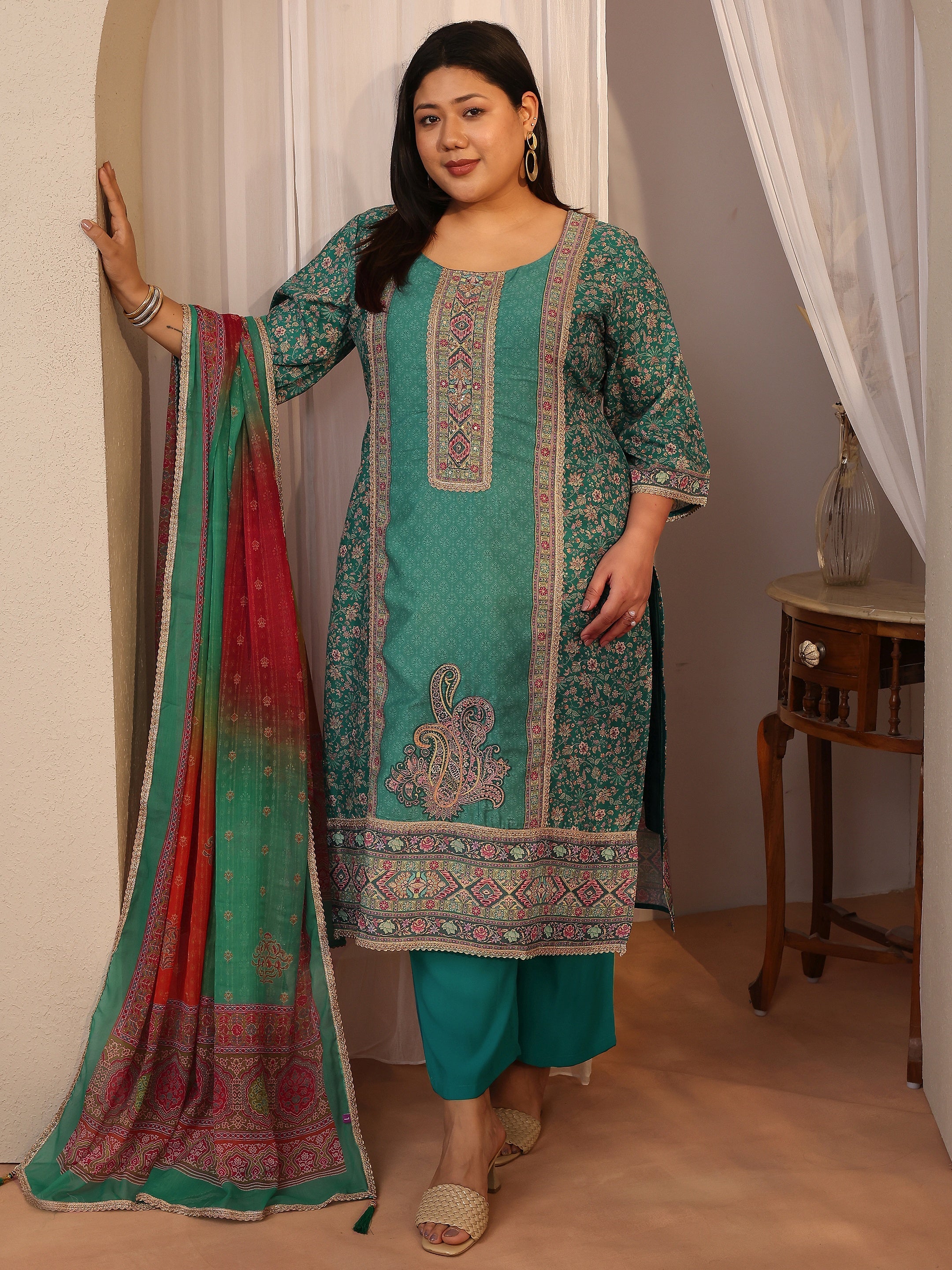 libas Plus Size Teal Printed Silk blend Straight Suit Set With Dupatta-picture-18