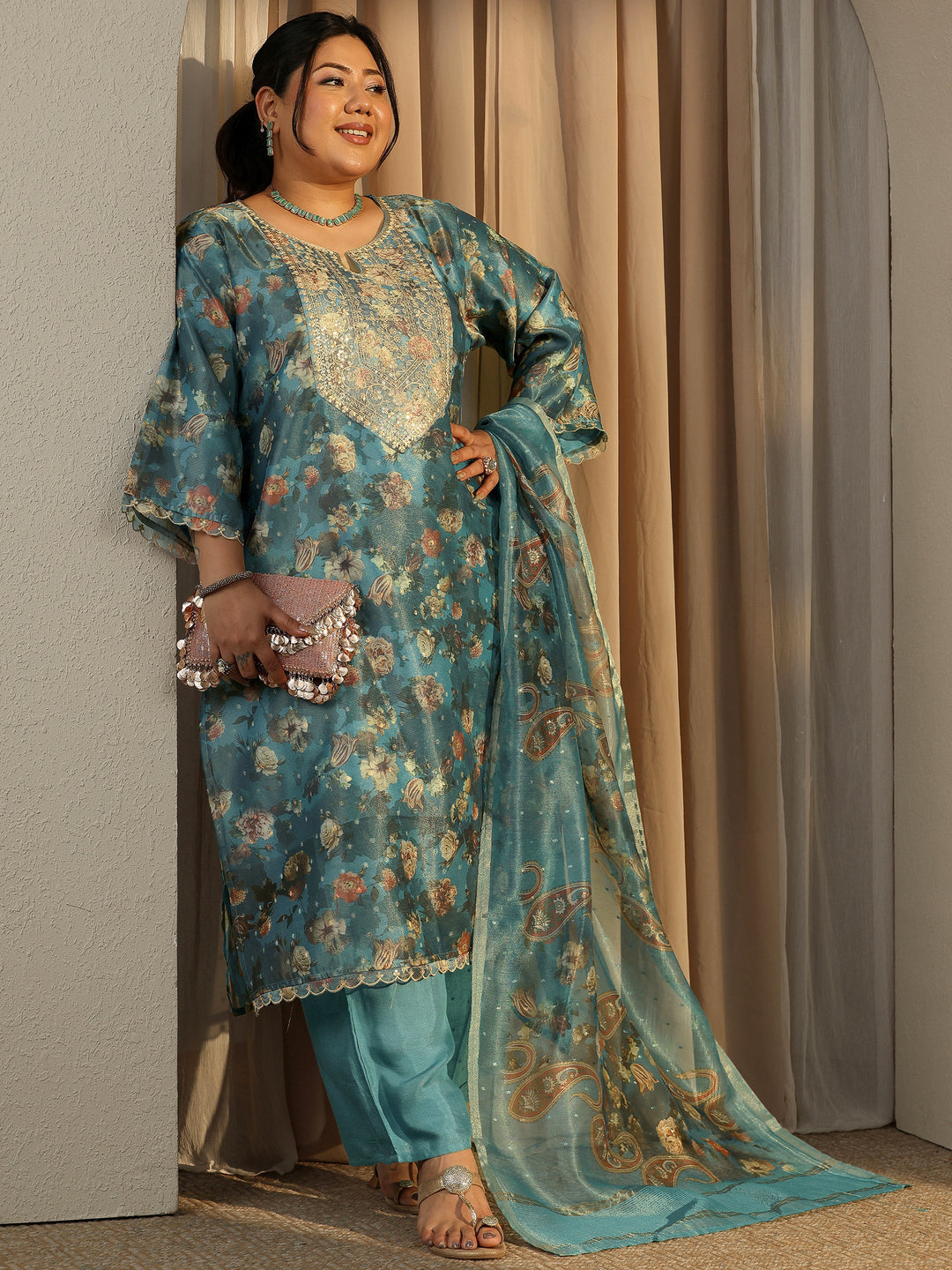 Plus Size Teal Printed Silk Blend Straight Suit Set With Dupatta