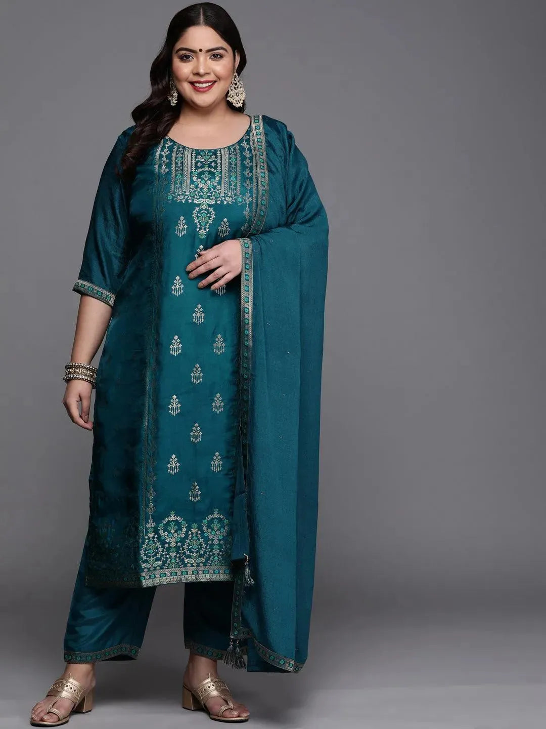 Plus Size Teal Self Design Silk Blend Suit Set - Libas