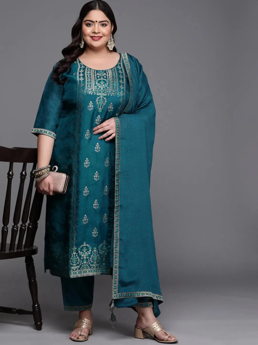 Plus Size Teal Self Design Silk Blend Suit Set - Libas 