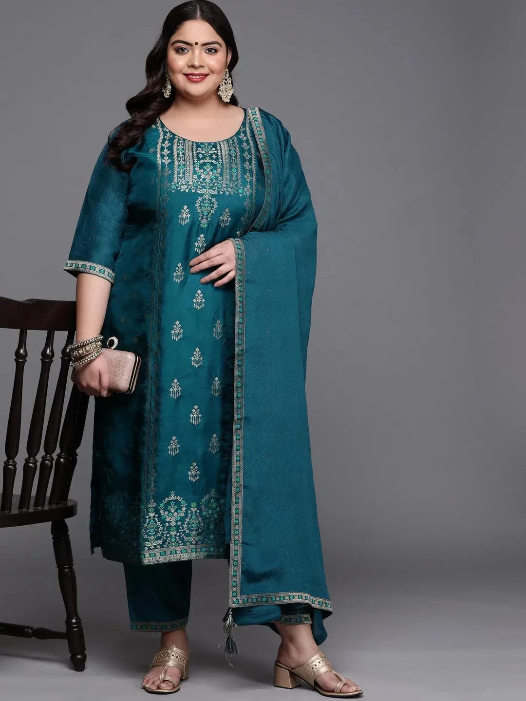 Plus Size Teal Self Design Silk Blend Suit Set - Libas