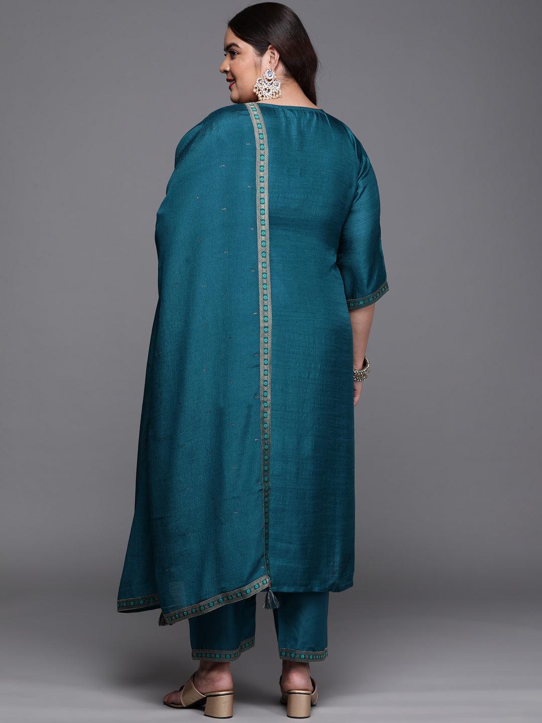 Plus Size Teal Self Design Silk Blend Suit Set - Libas