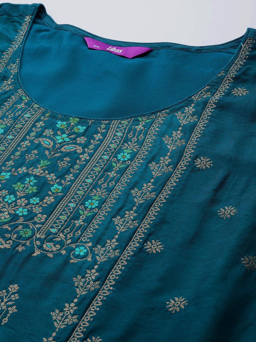 Plus Size Teal Self Design Silk Blend Suit Set - Libas