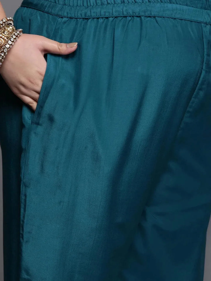 Plus Size Teal Self Design Silk Blend Suit Set - Libas