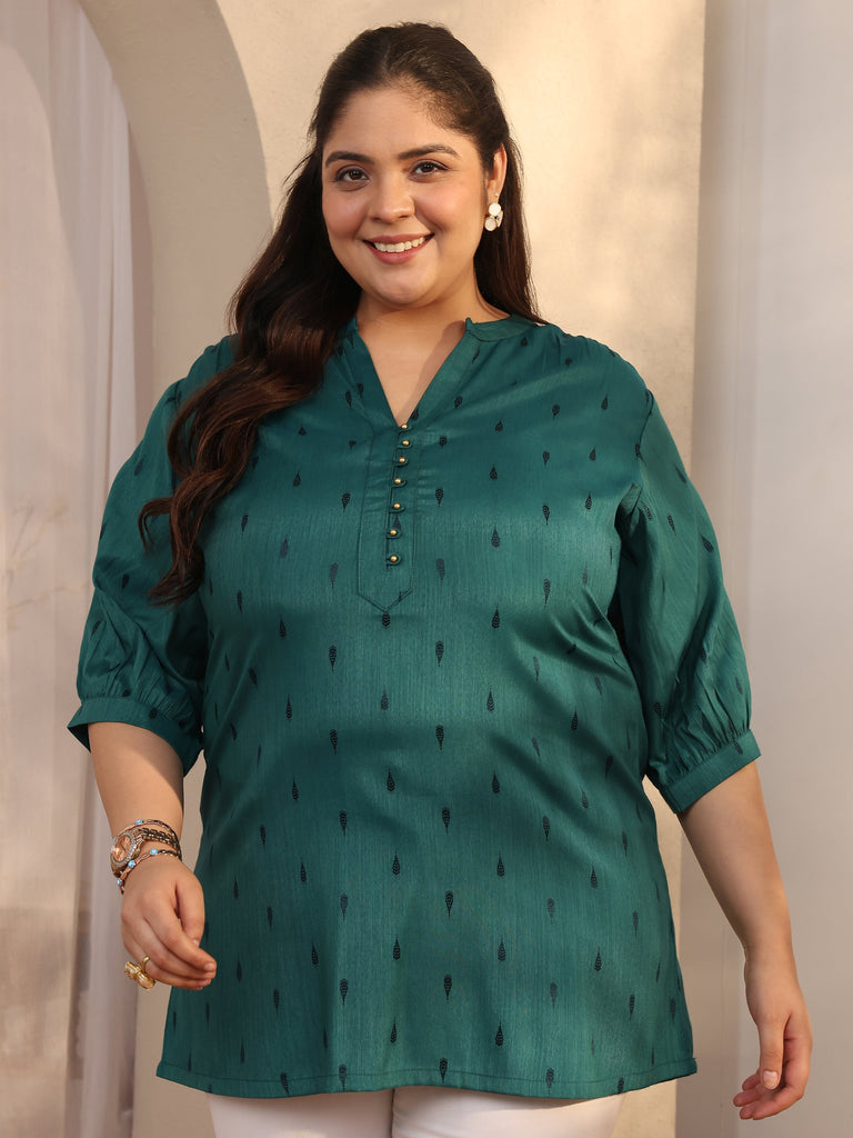 Plus Size Teal Woven Design Rayon Straight Short Kurti