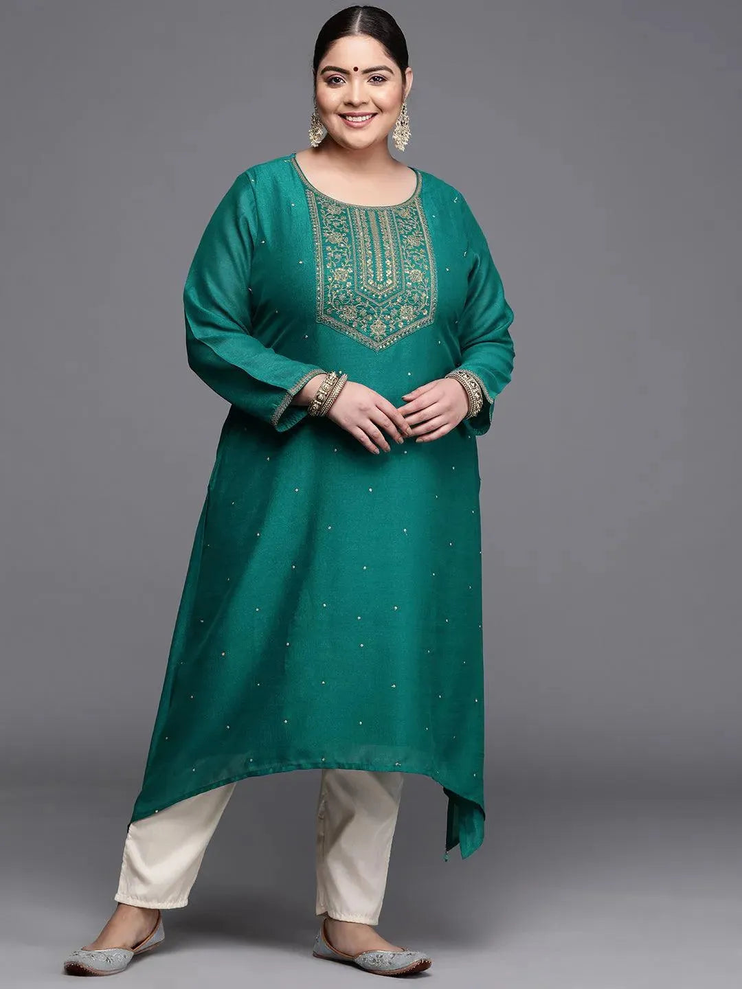 Plus Size Teal Yoke Design Silk Kurta - Libas 