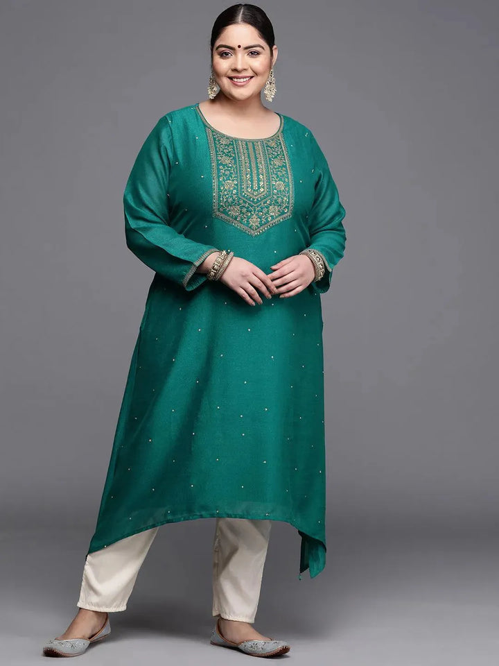 Plus Size Teal Yoke Design Silk Kurta - Libas
