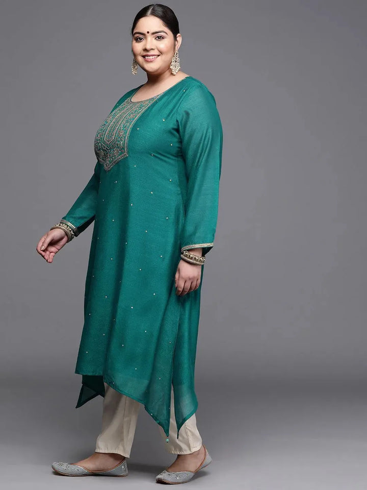 Plus Size Teal Yoke Design Silk Kurta - Libas