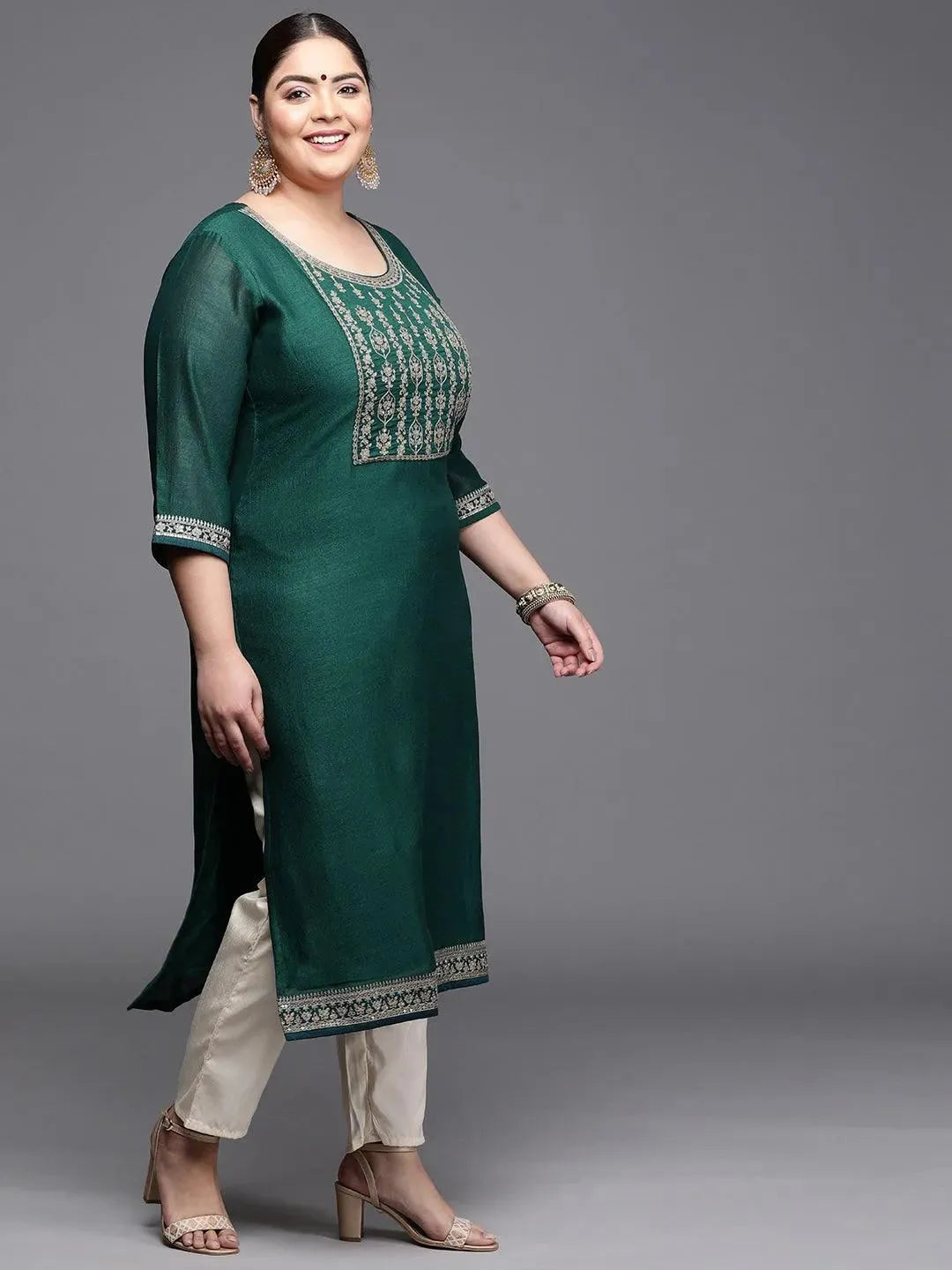 Plus Size Teal Yoke Design Silk Kurta - Libas