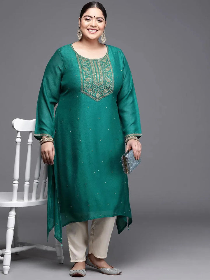 Plus Size Teal Yoke Design Silk Kurta - Libas