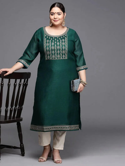 Plus Size Teal Yoke Design Silk Kurta - Libas