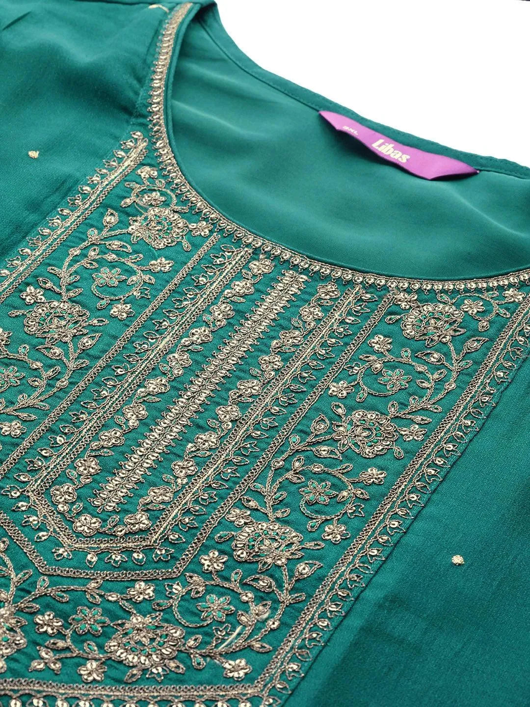 Plus Size Teal Yoke Design Silk Kurta - Libas 