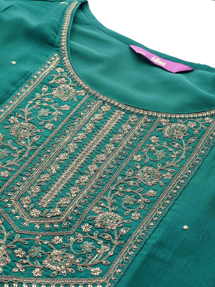 Plus Size Teal Yoke Design Silk Kurta - Libas