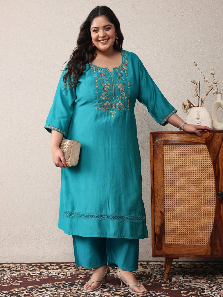 Plus Size Turquoise blue Embroidered Silk Blend Straight Kurta Set